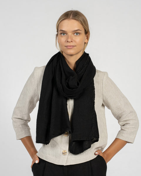 Wide Women's Linen Scarf Pure Black