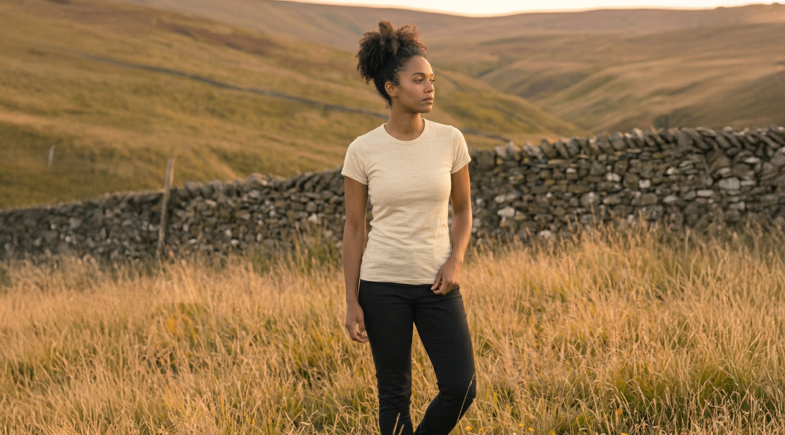 A woman with dark curly hair tied up, standing in a golden grassy field. She is wearing a cream-colored short-sleeved t-shirt and black pants, looking off to the side with rolling hills behind her.