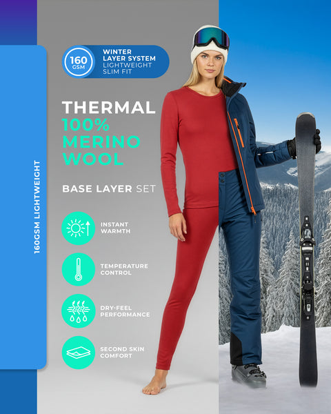 Damen Thermounterwäsche-Set aus roter Merinowolle mit 160 g/m², leichte Winterunterwäsche zum Skifahren, Snowboarden und für den Aufenthalt im Freien