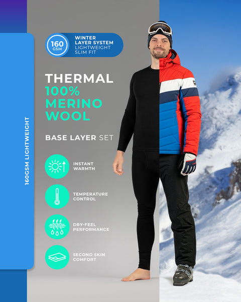 Schwarzes Thermounterwäsche-Set für Herren aus 160 g/m² schwerer 100 % Merinowolle, leichte Winterunterwäsche für Skifahren und kalte Wetterbedingungen