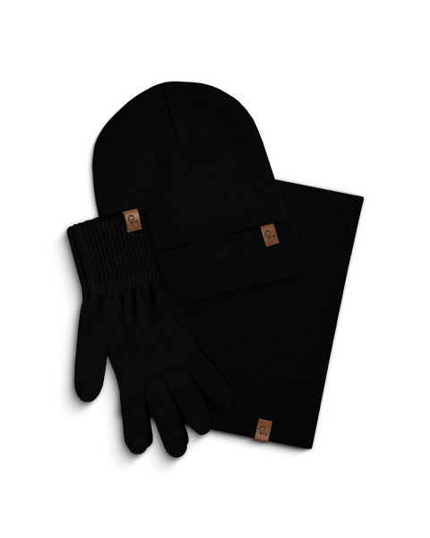 Black knit beanie, gloves, and scarf set on a white background