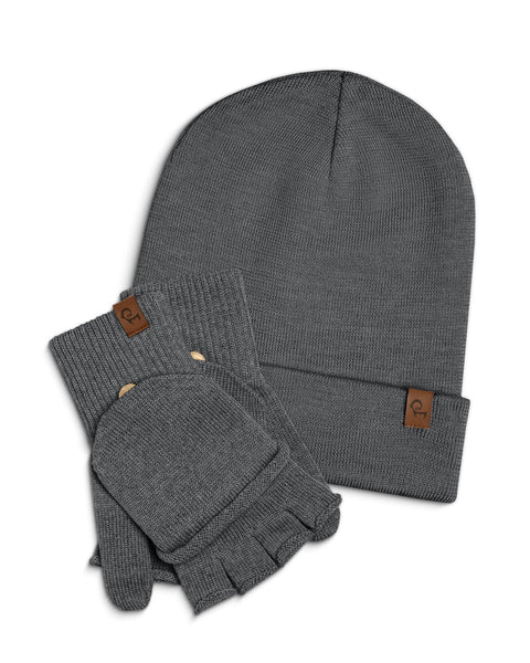 Dark gray knit beanie and gloves set on a white background