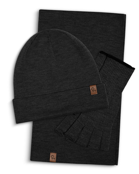 Dark Gray menique knit beanie, neck gaiter, and fingerless gloves set on a white background