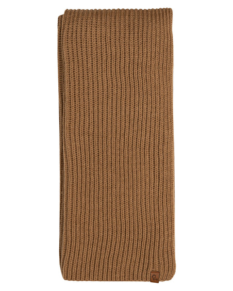 A top-down view of a camel brown ribbed knit scarf, folded neatly against a pure white background. A small, square brown leather logo patch is visible on the bottom right corner.