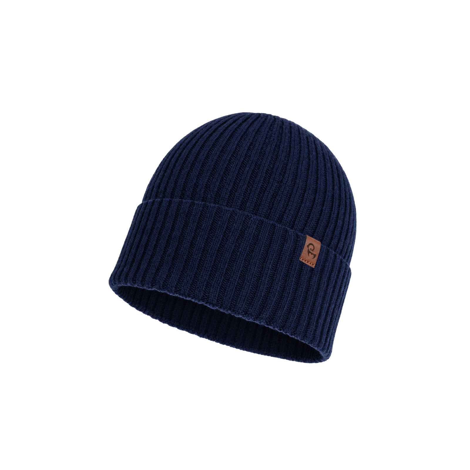 A light brown ribbed knit beanie featuring a folded brim with a small brown square logo tag on the side, displayed against a plain white background.
