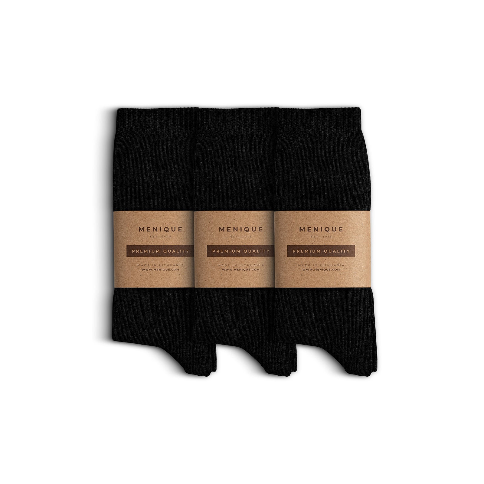 Set of three pairs of cotton socks, neatly folded and wrapped with Menique’s minimalist brown kraft paper packaging labeled ‘Premium Quality.