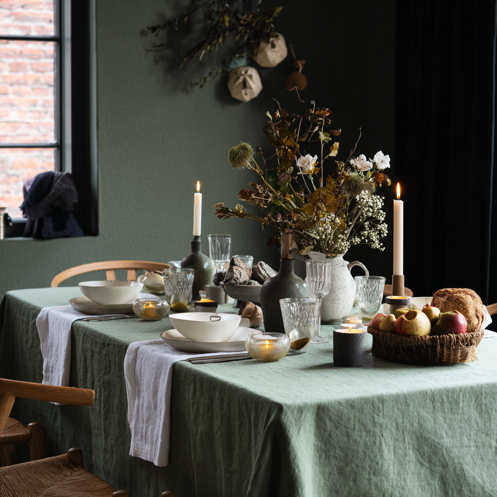 Rustic fall table setting with sage green linen tablecloth, matching linen napkins, candles, and harvest fruits for an elegant holiday tablescape.