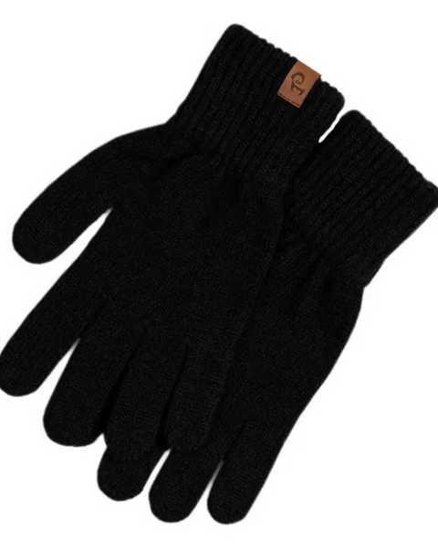 
A pair of menique brand black knit gloves with ribbed cuffs. A small, rectangular tan leather tag with the "menique" logo is visible on the cuff of the left glove. The gloves are laid flat against a white background.