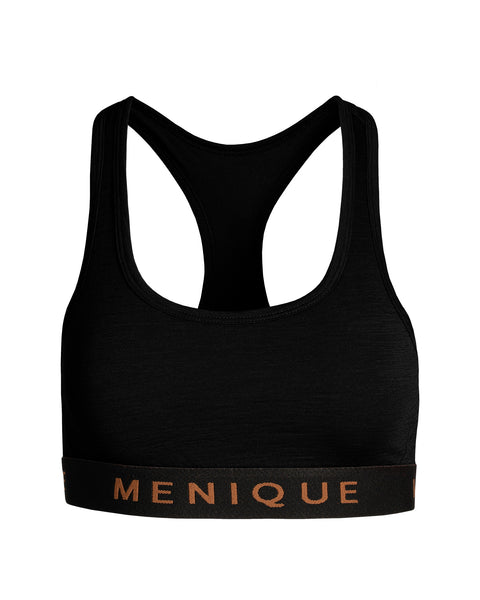 The menique women's sport bra in black color, front view, in a white background.