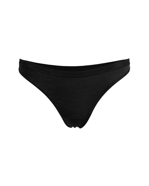 The Menique Women's Merino Thong Briefs in black color, front view.