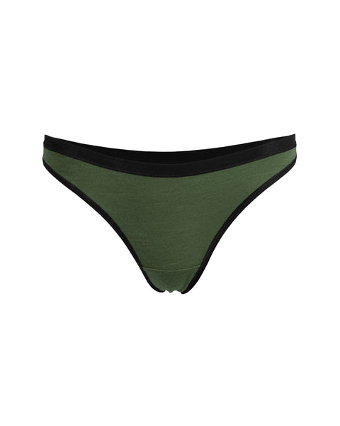 The Menique Women's Merino Thong Briefs in dark green color, front view.