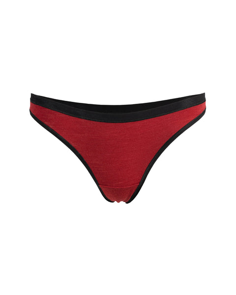 The Menique Women's Merino Thong Briefs in royal cherry color, front view.
