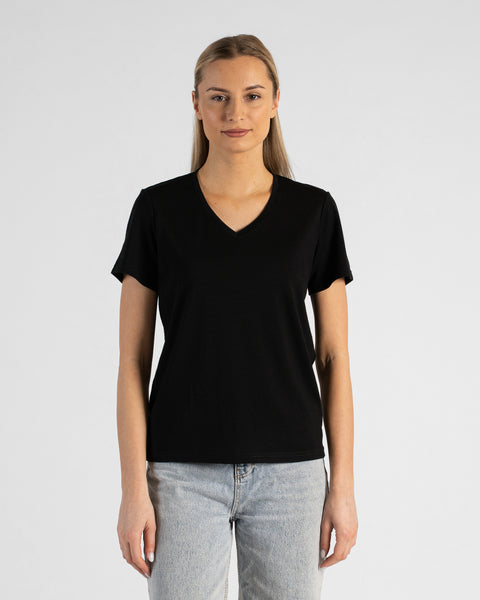 A studio portrait of a blonde woman standing and looking directly at the camera, with her left hand resting on her hip. She is wearing a regular fit, solid black short-sleeved v-neck t-shirt and light-wash blue jeans against a plain light grey background.
