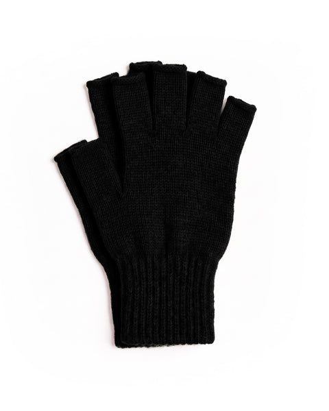 A pair of black knit fingerless gloves laid flat against a white background.