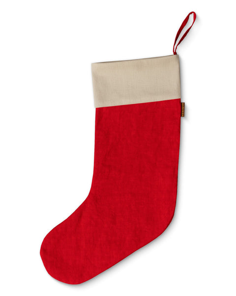 Red Christmas stocking with beige top on a white background