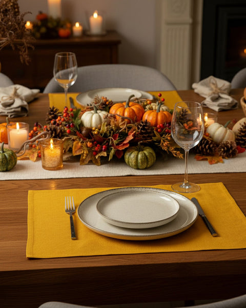 Spicy yellow linen placemat on a cozy fall dining table with pumpkins, pinecones, candles, and an autumn centerpiece.