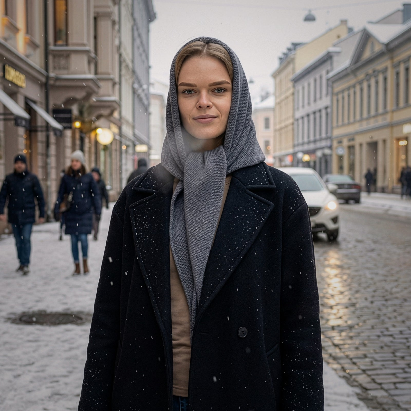 Woman wearing grey merino scarf and black coat in snowy city street