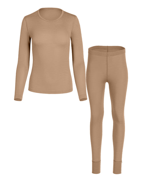 Beige women's long sleeve and bottoms set on a white background